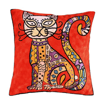 COLORFUL ANCIENT THREE CAT DECORATIVE PILLOW COVER WHIMSICAL CATS SILK HAND EMBROIDERY Cashmere