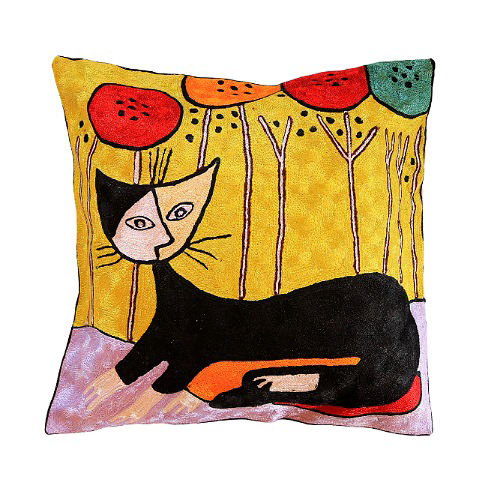 CUTE BLACK CATS DECORATIVE PILLOW COVER SILK HAND EMBROIDERY