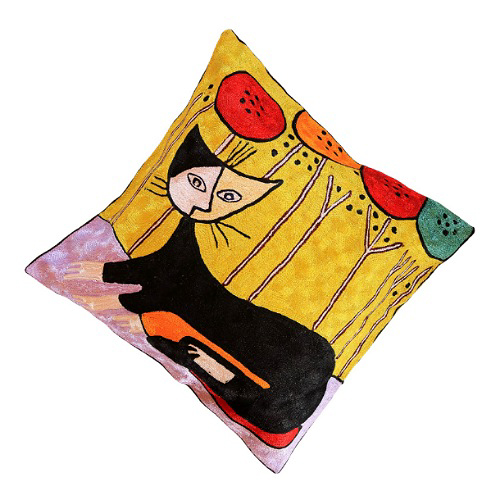 CUTE BLACK CATS DECORATIVE PILLOW COVER SILK HAND EMBROIDERY